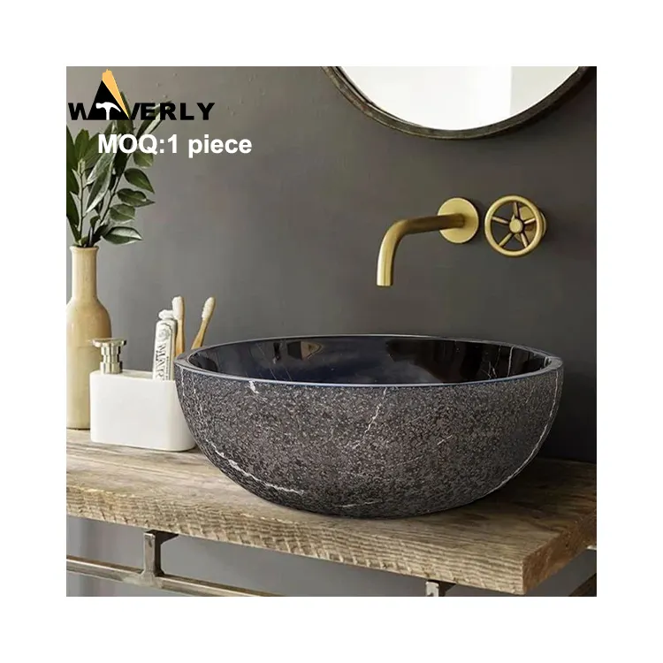 Fregadero de piedra natural para interiores de diseño personalizado de gama alta Waverly, fregadero de lavabo de mármol negro de lujo y alta calidad tallado a mano