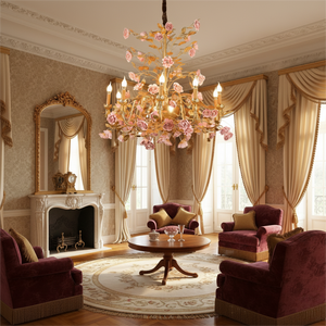 Lustre unique en laiton rose romantique avec fleurs en céramique rose, décoration lumineuse pour villa, salle à manger, éclairage décoratif - Product Image 4