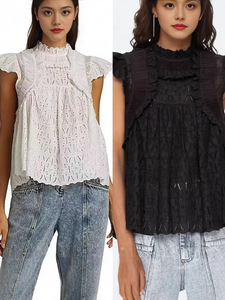 Blusa de Mujer Estilo Francés Vintage con Mangas Volantes, Tejida con Encaje y Cuello Alto para Verano - Product Image 2