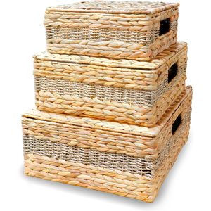 Juego de 3 cestas de almacenamiento de mimbre de decoración natural con tapas, cajas de jacinto de agua rectangulares, organizador superior - Product Image 3