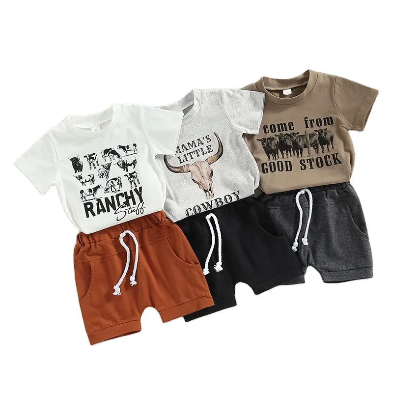 Ensemble de vêtements style Cowboy occidental pour bébé garçon, 2 pièces, lettres imprimées de vache, t-shirts à manches courtes, Shorts solides, survêtements pour garçons de 0 à 3 ans