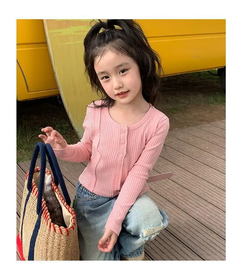 JJ2024卸売ソリッドホワイトピンク幼児幼児女の赤ちゃん長袖Tシャツ春服用