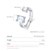 Cincin Perak Sterling 925 Potongan Emerald Persegi Panjang dengan CZ Biru Muda, Cincin Jari yang Dapat Disesuaikan untuk Wanita dan Remaja Putri, Perhiasan Pesta