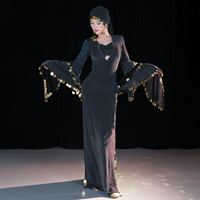 Ensemble de 4 pièces pour la danse égyptienne Saidi, Baladi, Galabeya, avec robe de danse folklorique orientale à franges brillantes et pièces de monnaie, pour Halloween