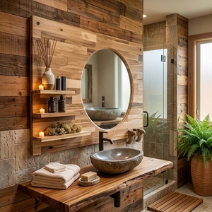 Modern Wooden <b>Wall</b> <b>Mirror</b> Panel with Circular <b>Mirror</b> & Integrated Floating Ledge Shelves - Product Image 2