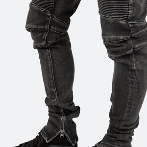 <b>Men</b> <b>Black</b> Blue Skinny Striped Stretch <b>Biker</b> <b>Jeans</b> Denim Pant With Ankle Zipper - Product Image 2