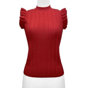 Women's <b>Red</b> Knitted Turtleneck Tank <b>Top</b> With Ruffle Sleeves Casual Solid Color Sweater <b>Vest</b> - Product Image 1