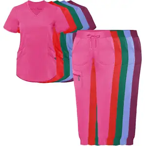 Di alta qualità a manica corta elasticizzata antirughe impermeabili donne infermiere jogger personalizzato impilato scrub uniformi set per le donne