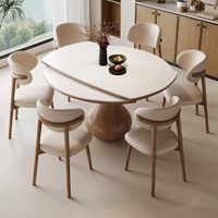 Cremefarbener Ausziehbarer Steinplatten-Esstisch, Erweiterbar von Oval zu Rund Massivholz-Esstisch-Set