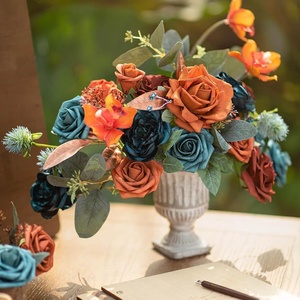 結婚式の装飾人工ティール & バーントオレンジコンボバラ造花DIY緑の花輪婚約家の装飾 - Product Image 4