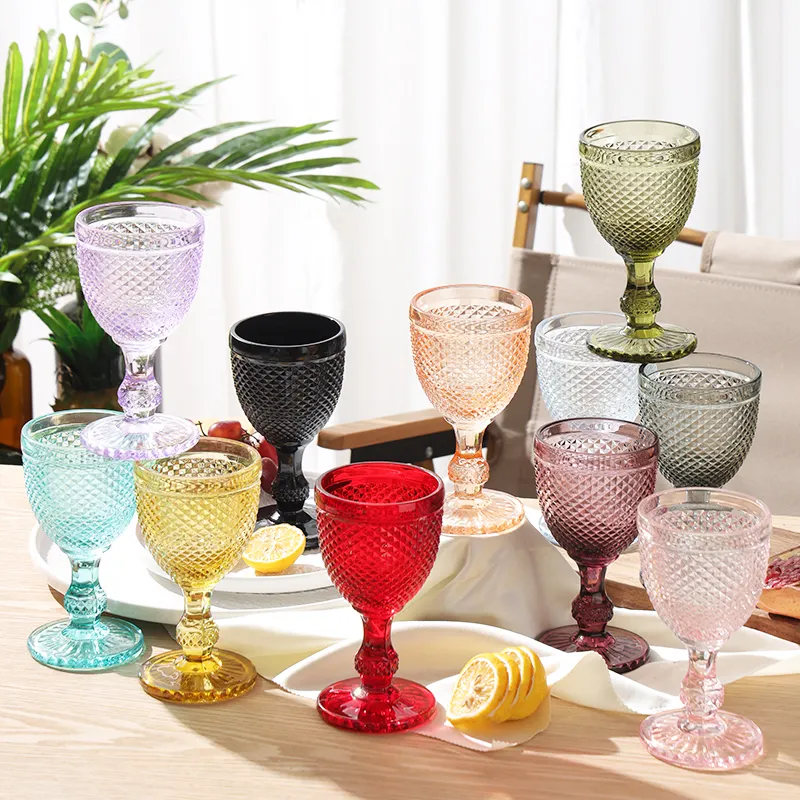 Blue Pink Black Amber Green red purple fancy glassware drinkware party event decorate wedding cup colored goblets vintage glass
