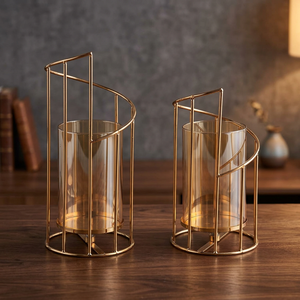 Sheeraz International Gold Metal Candle Holder <b>Glass</b> Candle Jar Geometric <b>Candlestick</b> Stand for Home Wedding Decor Restaurant - Product Image 4