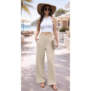 FOXA Wide Leg Pants Women High Waisted <b>Flowy</b> Palazzo Trousers With Pockets Breathable Summer Cruise Outfits - Product Image 3