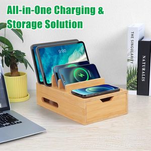 Wooden Multi Functional Phone <b>Stand</b> <b>Tablet</b> Charging Holder Desk Organizer With Drawer <b>For</b> Mobile Devices - Product Image 2