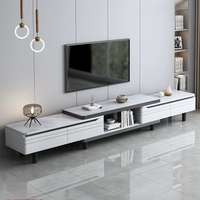Meuble TV extensible avec panneau de tiroir à rainures ondulées, console multimédia à compartiment central ouvert, support TV rétractable
