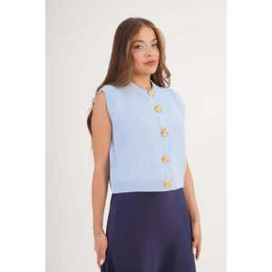 Gilet tricoté sans manches bleu ciel pour femme, style bouton escargot, 100 % acrylique - Product Image 4