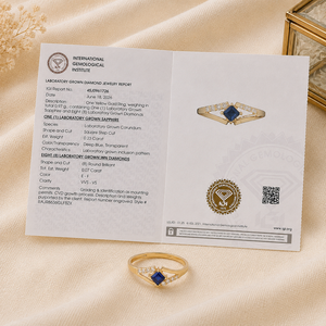 Bague de mariage et de fête de luxe personnalisée en or massif 14 carats avec diamant de laboratoire certifié IGI et saphir bleu royal de laboratoire - Product Image 6