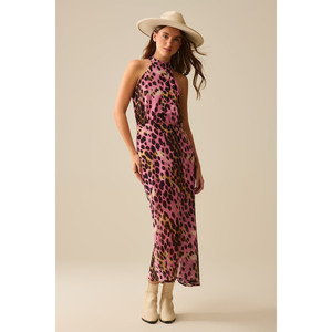 Crossed Halter Neck Midi Dress in Pink and Black Animal Print - Product Image 1