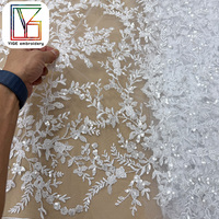 Tissu en dentelle florale 3D blanc pur, tissu en dentelle africaine, tissu en maille perlée, tissu brodé de sequins pour robe de mariée - Grande Vente