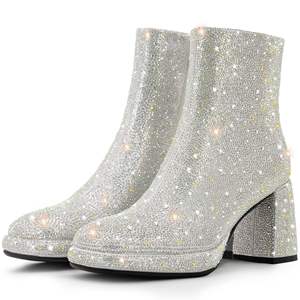 Mode femmes strass bottes gros bloc talon brillant plate-forme bottines paillettes chaussures mariage mariée - Product Image 3