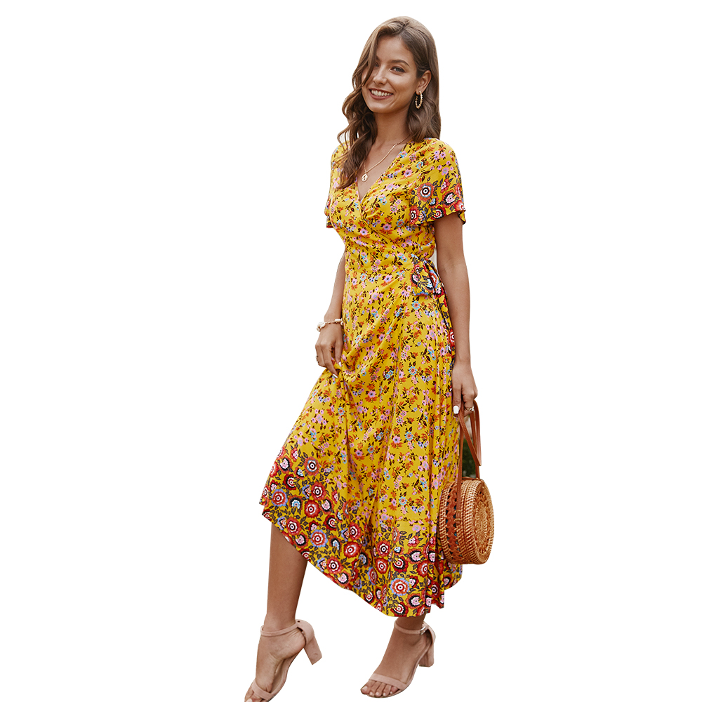 multiple colors bohemian floral women casual long wrap dress