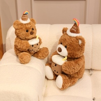 Ours en peluche bouclé marron assis avec chapeau de fête, idéal pour la décoration de fête d'anniversaire des enfants et comme cadeau