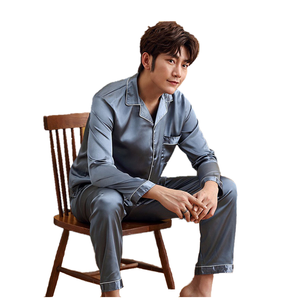 Ensemble de pyjamas en soie satinée pour homme, manches longues, couleur unie, col châle, vêtements de détente classiques, toutes saisons, lavable en machine - Product Image 1