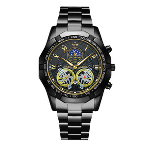 Men's Business Sport <b>watch</b> <b>Black</b> Plated Steel Band Chronograph Tachymeter Date and Moon Phase Function Luminous Quartz <b>Watch</b> - Product Image 2
