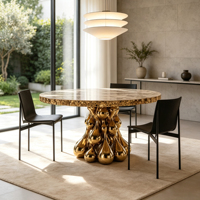 Table à manger ronde de luxe en marbre avec base sculptée en forme de goutte d'eau dorée, table de designer pour villa, hôtel, salle à manger