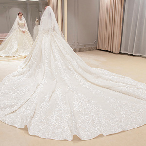 Robe de Mariée à Manche Longue Design Spécial avec Traîne Étoilée et Voile, Style Palais Rêvé au Tempérament Français, Très Appréciée - Product Image 4