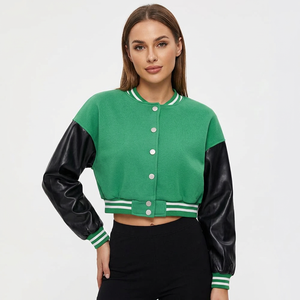 <b>Women's</b> Varsity <b>Jacket</b> Green Knitted Body <b>Black</b> PU Leather Sleeves Button Closure Short Length Crew Neck Autumn Wear - Product Image 1