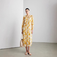 Robe longue 100 % soie de mûrier à imprimé floral pour femme, élégante, vintage, avec encolure à volants, taille haute, coupe trapèze, collection Printemps 2026