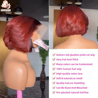 Wig rambut manusia potongan pixie bob berlapis, warna merah Auburn, tanpa lem, siap pakai, dengan lace frontal 13x4, kepadatan 180%, sudah dirapikan, untuk wanita kulit hitam.