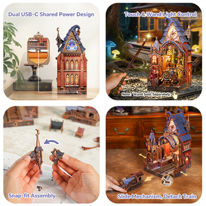 Tonecheer Wholesale <span class=keywords><strong>Magic</strong></span> Platform Detachable Train LED Wood Book Nook Bookshelf Decor for Offline Gift Book Toy Chain Stores - Product Image 2