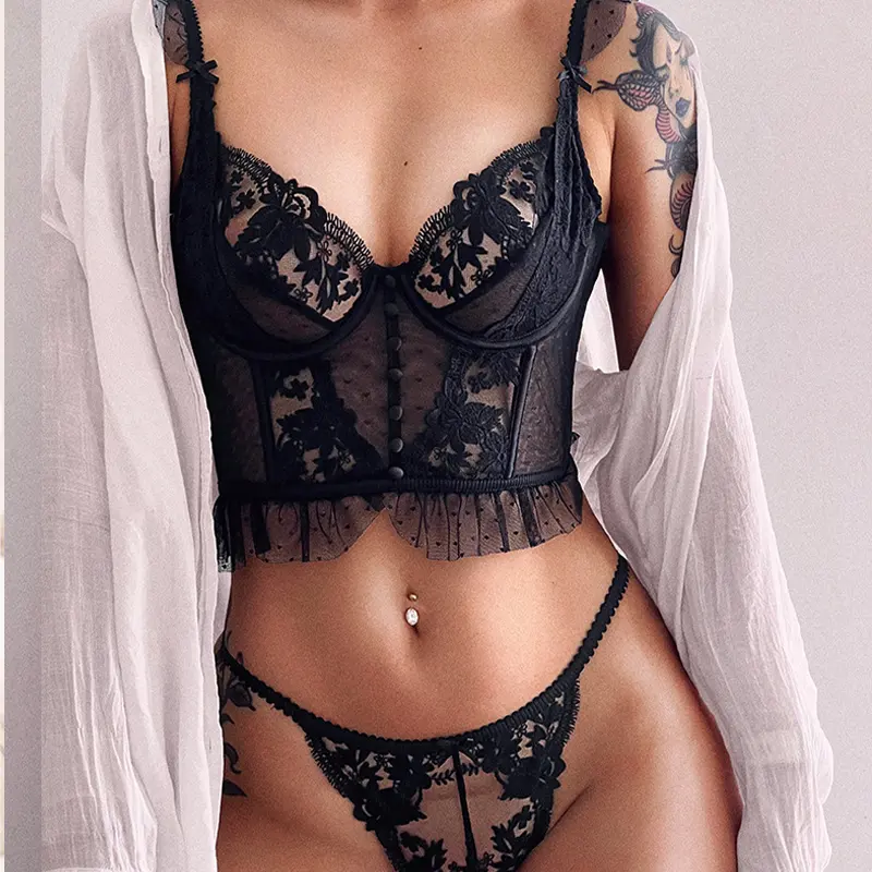 2023 Venda Quente Camisola Bra Conjunto De Renda Pura Sexy Lingerie Bordada Conjunto De Duas Peças Ultra Fina Roupa Interior