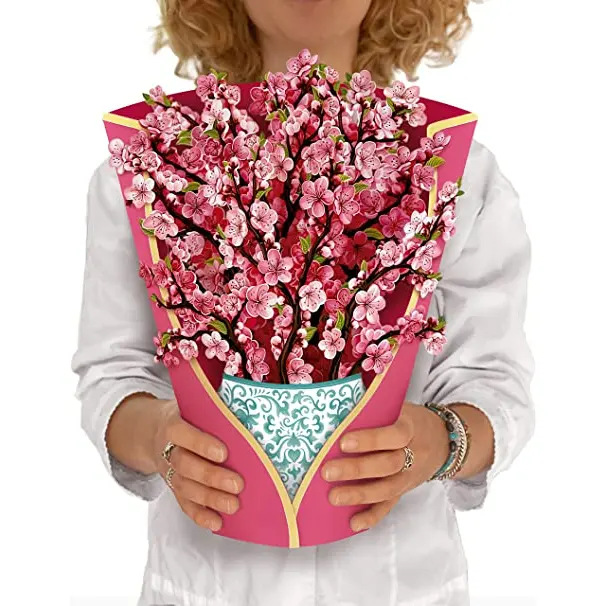 Paper Pop Up Cards, Cherry Blossoms, 12 inch Life Sized Forever Flower Bouquet 3D Popup Greeting Cards with Note Card and Envelo