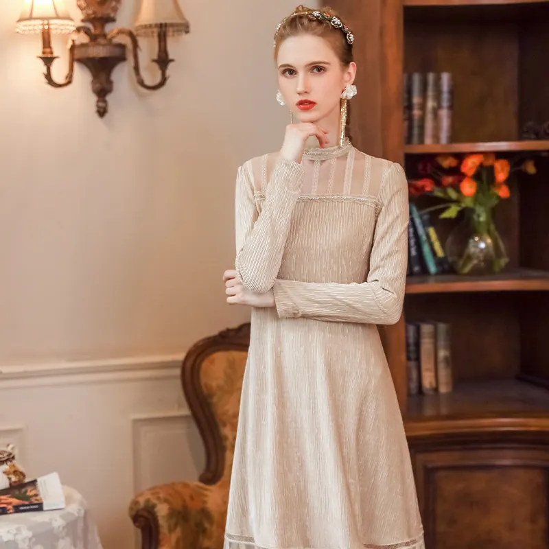 Ladies Elegant Vintage Long Dresses Premium Velvet Beige Solid Slim Dress Long Sleeve Patchwork Party Dress
