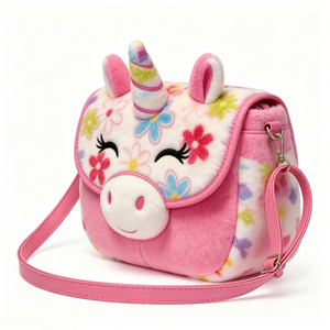Floral Unicorn Plush Crossbody Bag, Kids Pink & White Fluffy <b>Purse</b> with Rainbow Horn & Flower Embroidery - Product Image 3