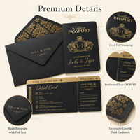 Suite d'invitations de mariage de luxe noire avec impression dorée, carte d'invitation style passeport et carte de détail RSVP