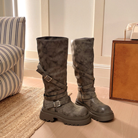 Bottes hautes vintage pour femmes, à multiples boucles, plateforme, style western rétro, bottes longues pour femmes