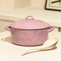 Bol à soupe en céramique de luxe à double poignée avec couvercle, grande capacité, design profond, compatible micro-ondes, pour usage domestique, bol à nouilles, mariage