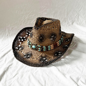 Chapeau de cowboy en paille de papier fait main, style ethnique, orné de pierres précieuses, bande, <span class=keywords><strong>peinture</strong></span> en aérosol, corniche roulée, pare-soleil réglable, chapeaux western - Product Image 1