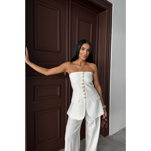 Chaleco Blanco Strablez con Decoración de Botones Dorados, Bordado Vintage, Tela de Lana, Relleno de Algodón, Estilo Casual para Trajes - Product Image 1