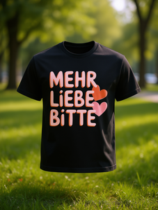 T-Shirt 'Mehr Liebe Bitte' in Cotone Nero 180g, Manica Corta, Collo Tondo, Vestibilità Ampia, Stampa con Testo in Tedesco e Cuore, Maglietta Casual da Uomo - Product Image 2