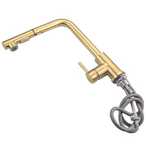 Robinet de cuisine extractible moderne en acier inoxydable SUS304 doré brossé, mitigeur d'évier à poignée unique et double mode - Product Image 3