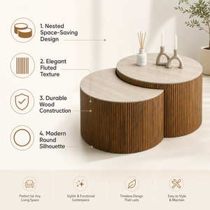 Ensemble de tables basses gigognes Japandi modernes à base cannelée avec plateau aspect travertin, élégantes et minimalistes en MDF pour salon - Product Image 3