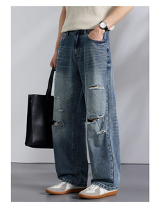 Jeans de mezclilla al por mayor para hombre, corte recto, ajuste regular, holgados hasta la rodilla, pierna ancha, rasgados, estilo baggy - Product Image 2