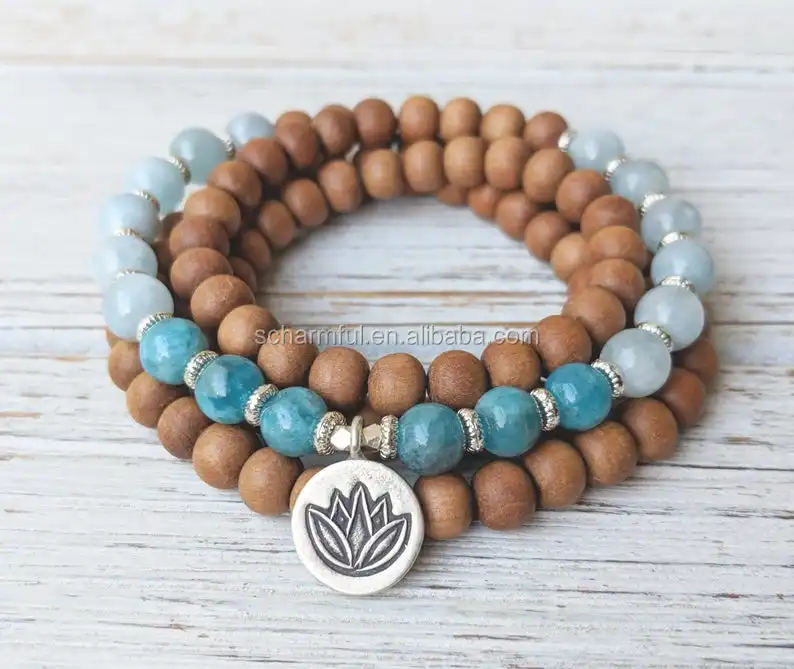 NS2019849 Aquamarin Perle und Perlen Lotus Charm Holz Yoga Mala Gebet Perle Halskette