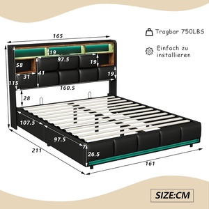 <span class=keywords><strong>Lit</strong></span> de rangement 160x200cm avec éclairage LED, port USB, tête de <span class=keywords><strong>lit</strong></span> rembourrée, rangement en velours noir - Product Image 2