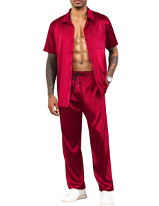 Ensemble deux pièces pour homme, mode été, chemise et pantalon décontractés en tricot respirant, couleurs unies - Product Image 2
